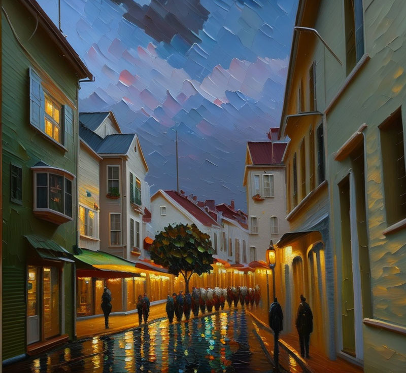 Quaint street scene oil painting at dusk with rain-dappled sky.