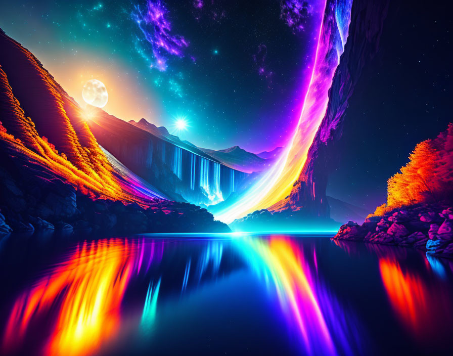 Colorful digital art: Mystical landscape with waterfall, full moon, luminous sky, bright water