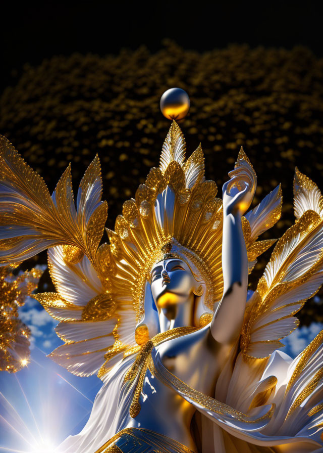 Golden figure with feathered headdress and sphere in shimmering lights