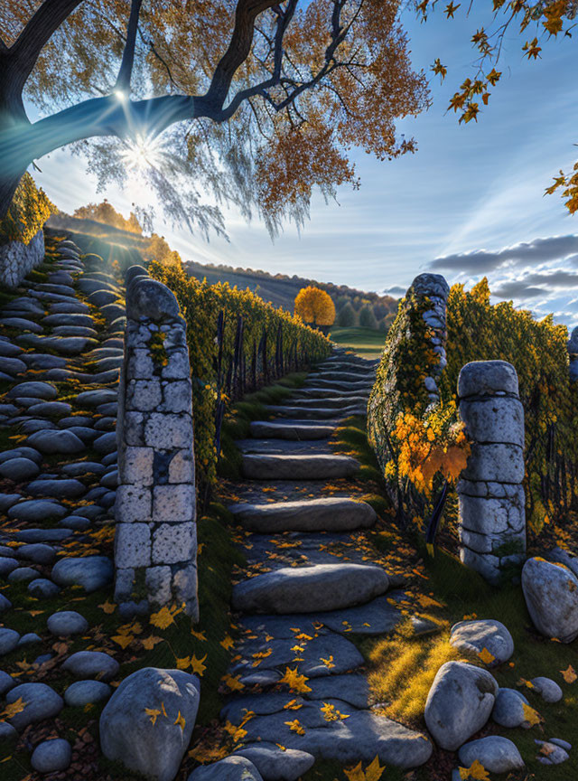 Stone Pathway Flanked by Autumn Trees and Sunlit Foliage