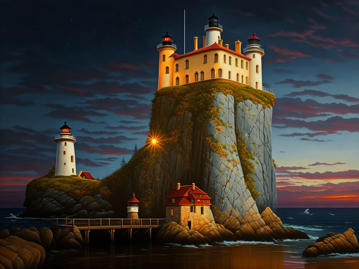 Majestic castle on cliff with lighthouse and pier under starry sky