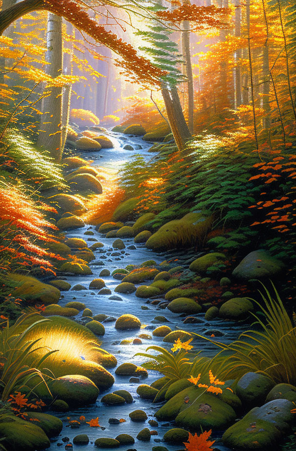 Tranquil stream in vibrant forest with moss-covered stones