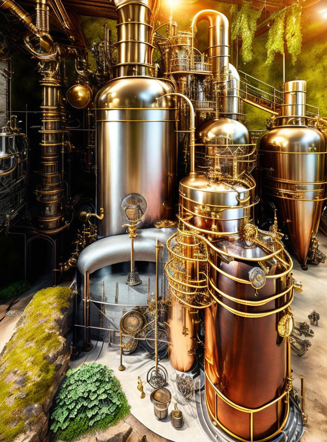 Steampunk-themed Brewery with Brass Pipelines and Copper Vats