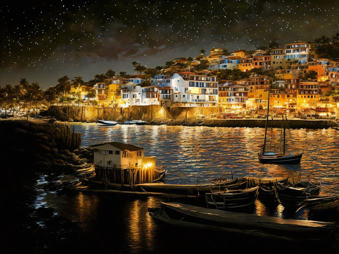 Coastal night scene: illuminated buildings, boats, starry sky