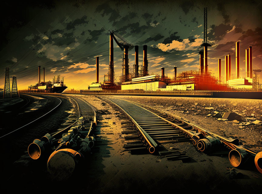 Industrial Sunset Scene: Silhouetted Factories, Smokestacks, Train Tracks, and Pipes