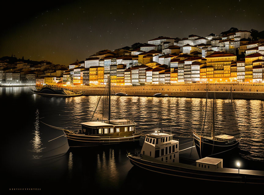 Night scene: lit waterfront buildings, reflections on water, moored boats, starry sky.