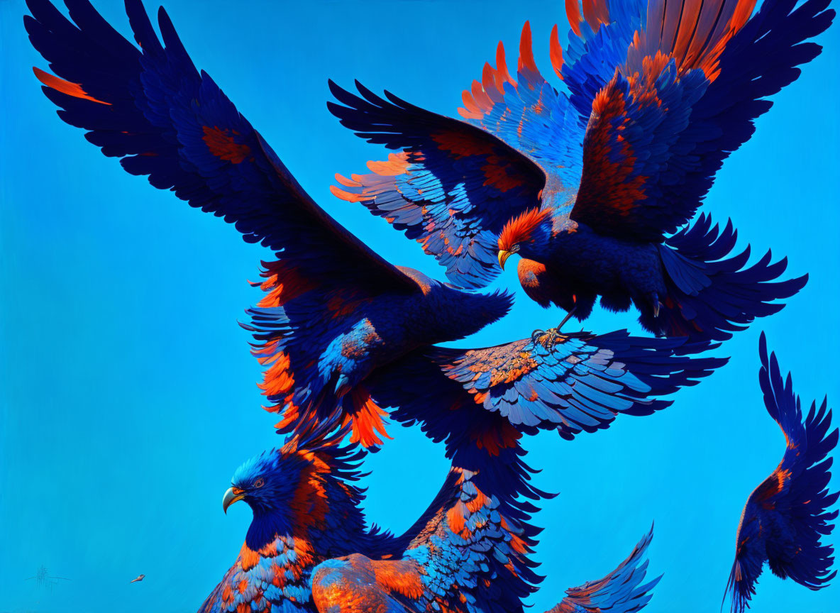 Colorful digital artwork: Blue and orange phoenixes soaring on bright blue backdrop