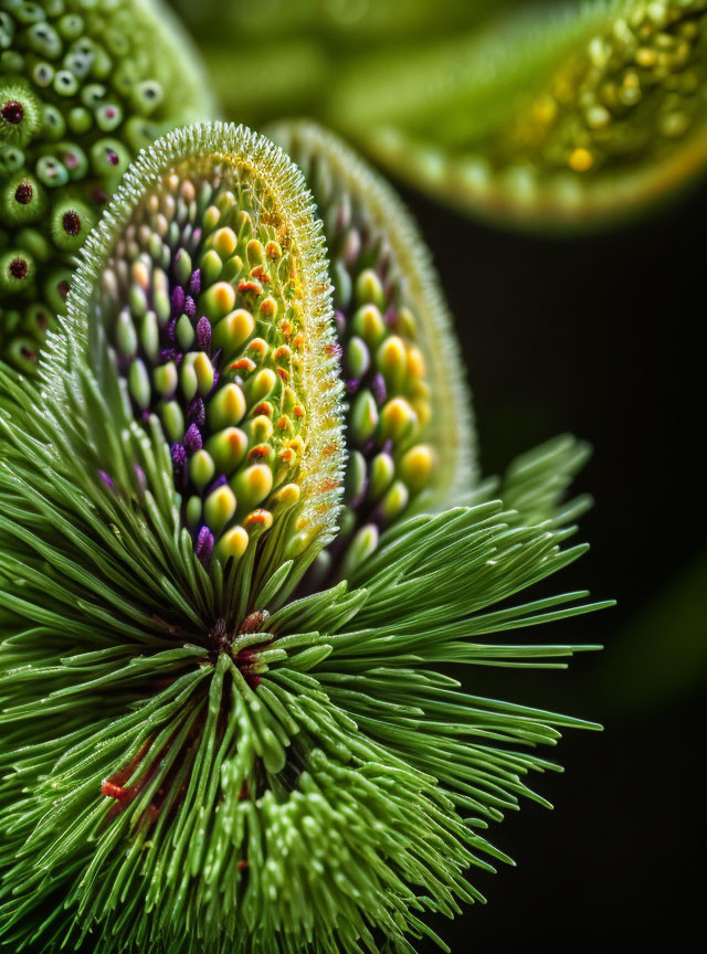 Detailed Close-Up of Vibrant Green and Yellow Bud with Pine Needles