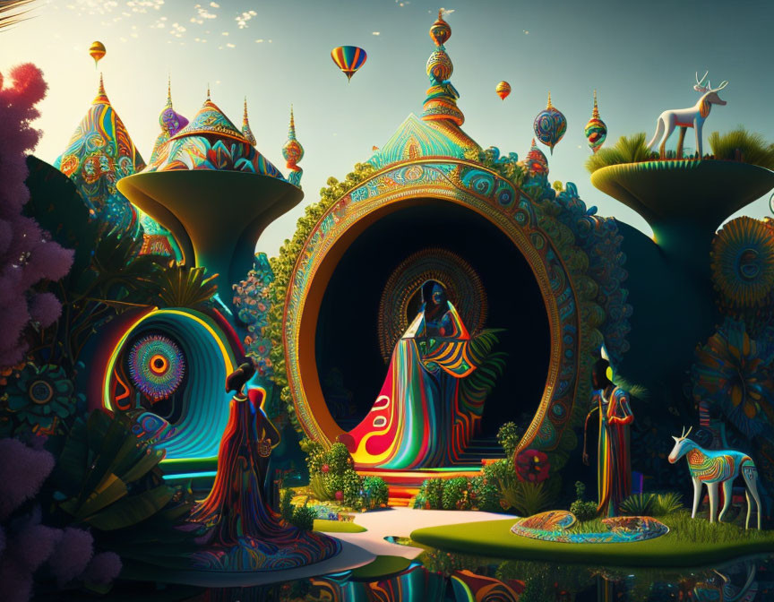 Vibrant psychedelic landscape with hot air balloons and majestic deer