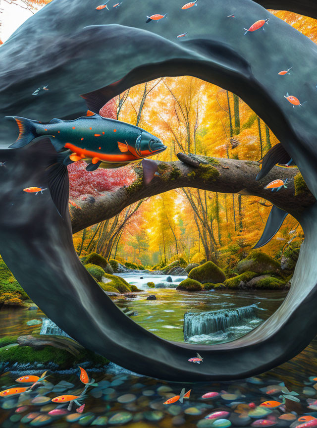 Large Fish Leaping Through Circular Rock Formation in Autumnal Forest