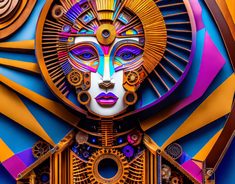 Colorful digital artwork of stylized mechanical face with intricate gears in blue and orange hues.