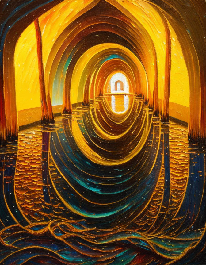 Surreal painting of arched corridor with reflective water flooring