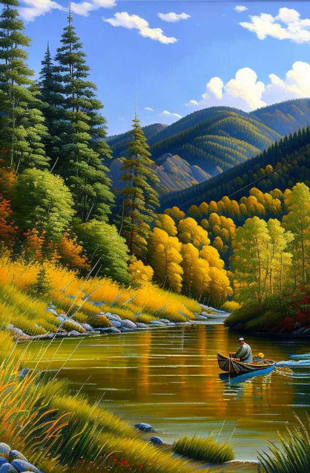 Tranquil river fishing scene with vibrant autumn trees