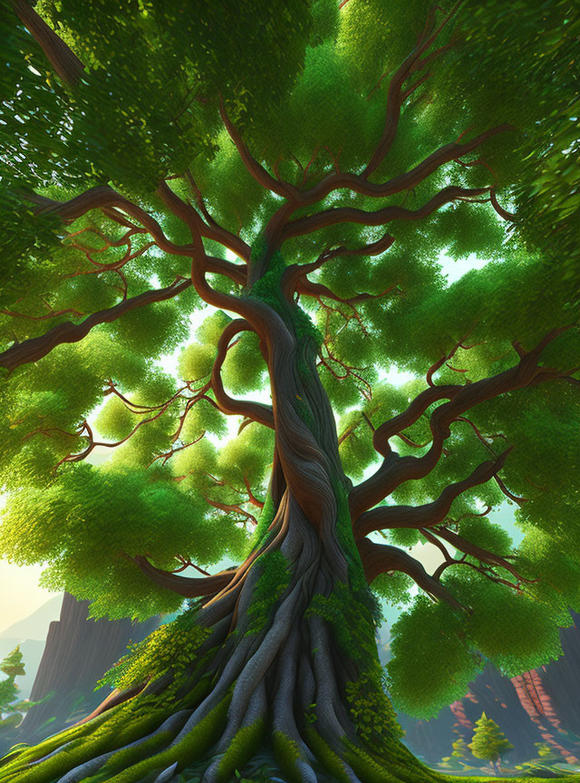 Animated towering tree in vibrant mystical forest