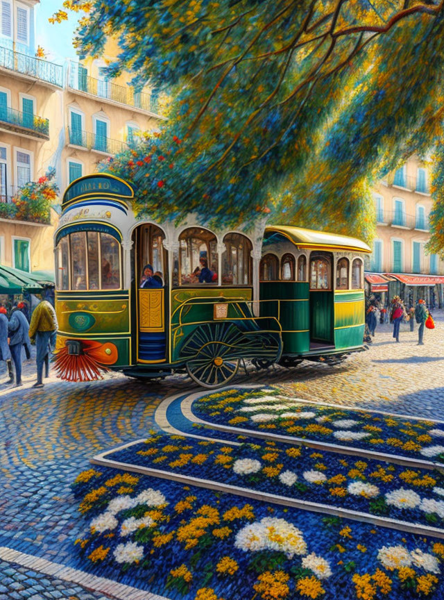 Vintage Green Tram on Cobblestone Street with Floral Patterns