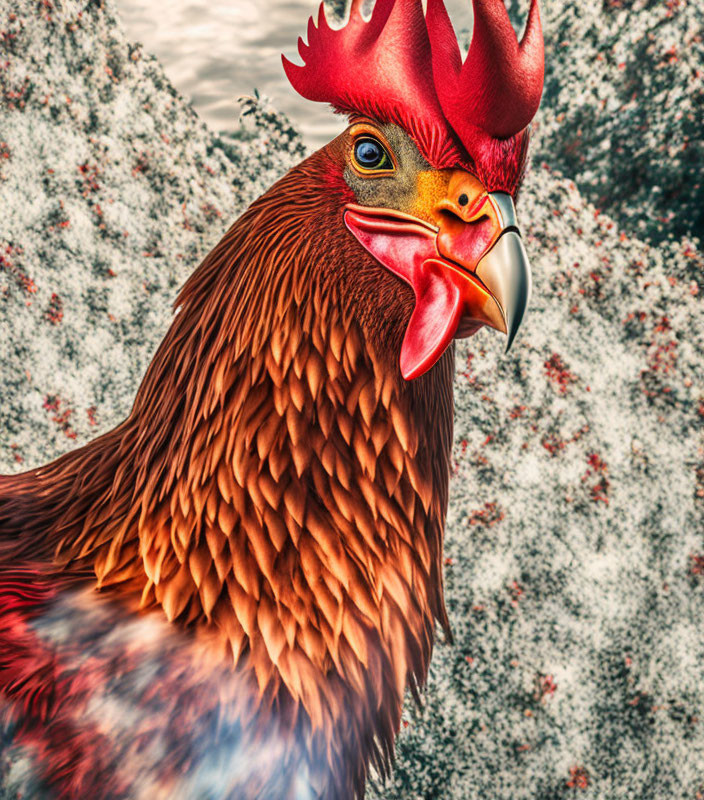 Brown rooster with red comb and wattle in close-up view