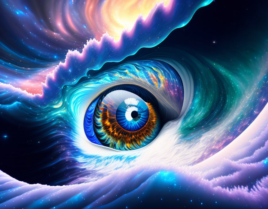 Vibrant cosmic eye with swirling galaxy and nebulae