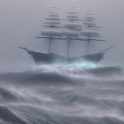 Tall Ship with Glowing Blue Accents Sailing Stormy Seas