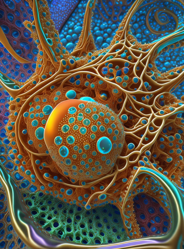 Detailed Fractal Art: Central Sphere, Golden Tendrils, Blue Orbs