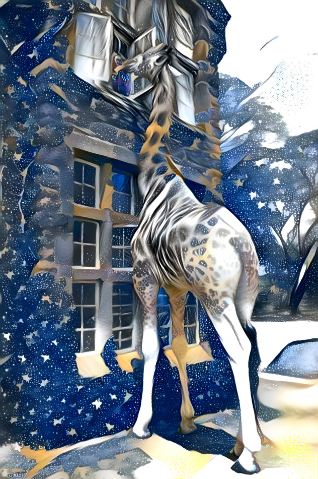 A giraffe visits her neighbor's house