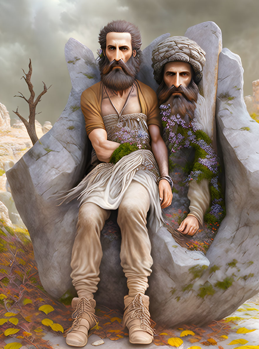 Two bearded male figures in ancient attire on rock throne in autumnal landscape.