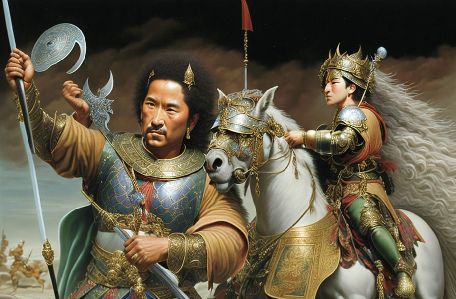 Detailed Painting: Armored Ancient Warriors with Crescent Blade & Mounted Warrior on White Horse with Flag