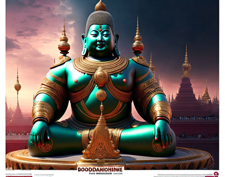 Vibrant Buddha statue with intricate ornaments against sunset background