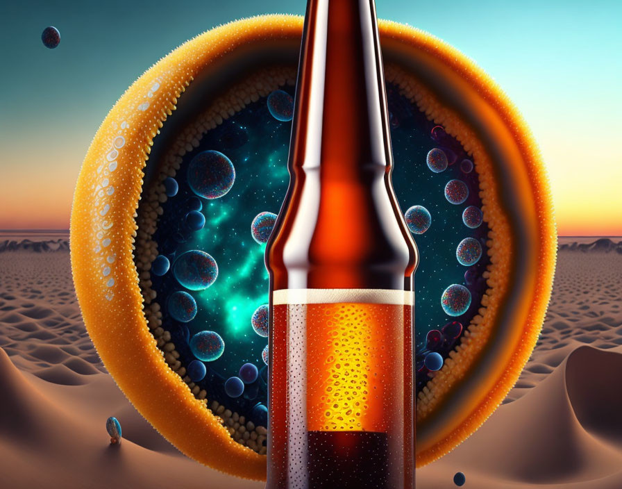 Beer bottle in desert with cosmic orange slice portal