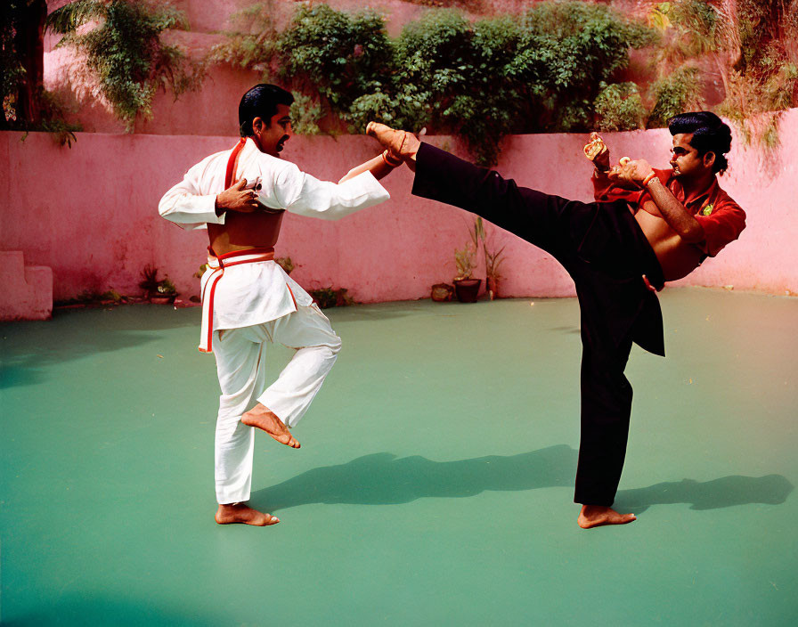 Martial artists sparring in traditional gis on green floor