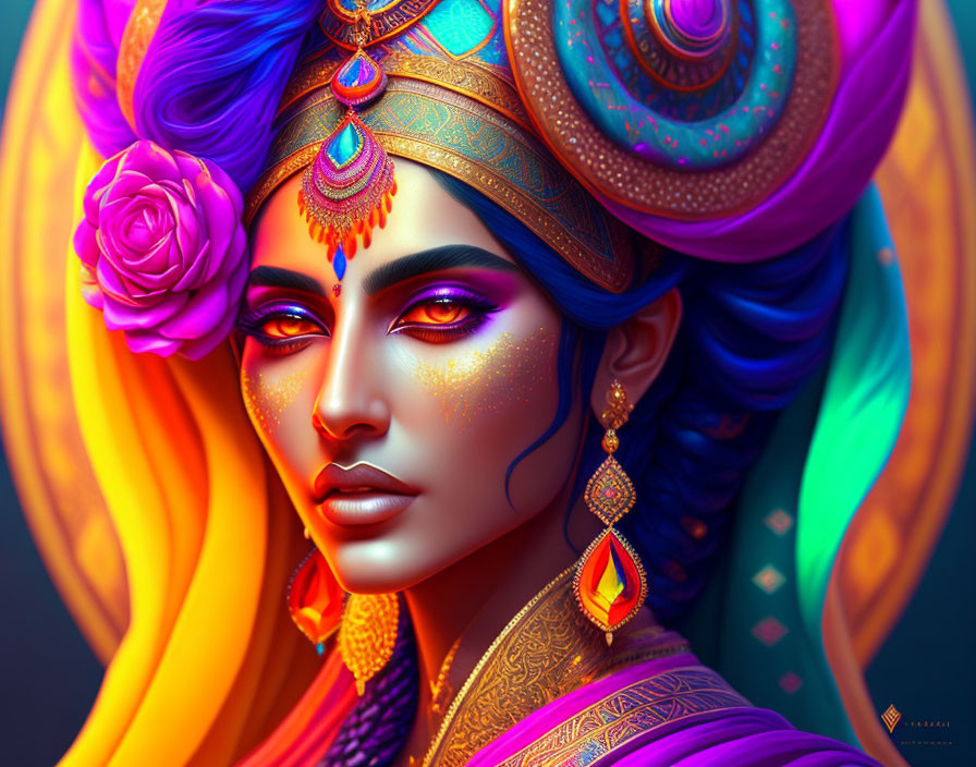 Vibrant digital artwork of a woman in elaborate makeup and headdress