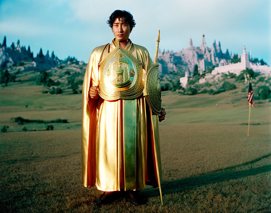 Person in golden robes with shield and spear in grassy field with castle