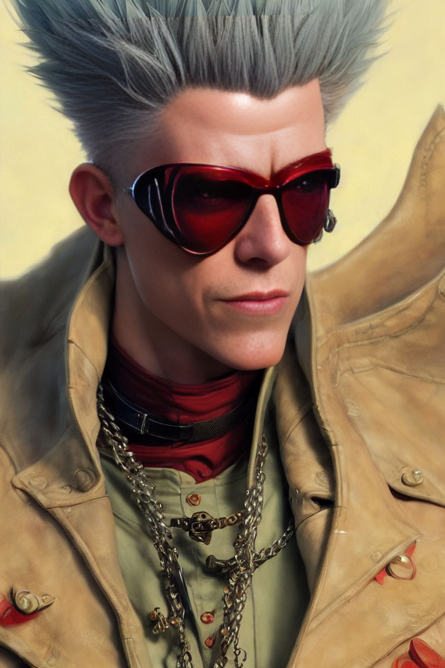 Fashionable portrait of individual with spiked gray hair, red sunglasses, tan jacket with gold chains.