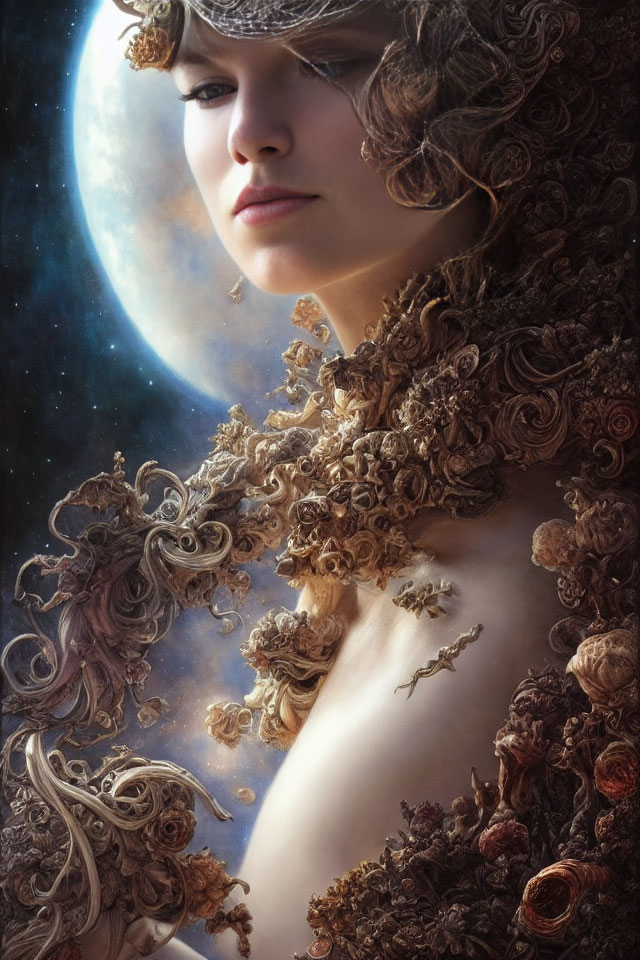 Intricately adorned woman gazes beside luminous moon