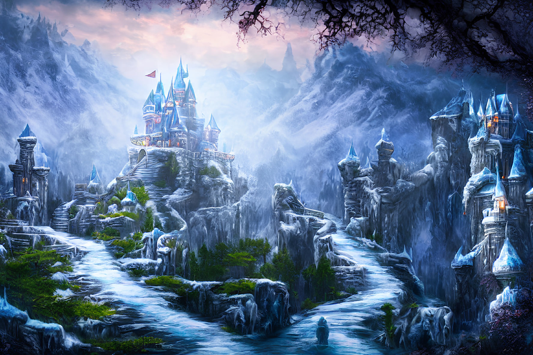 Mystical castle on snowy cliffs with waterfalls in serene mountain landscape