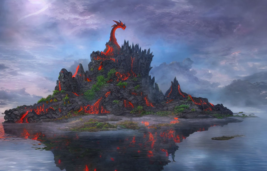 Dragon emerging from volcanic mountain in misty fantasy landscape