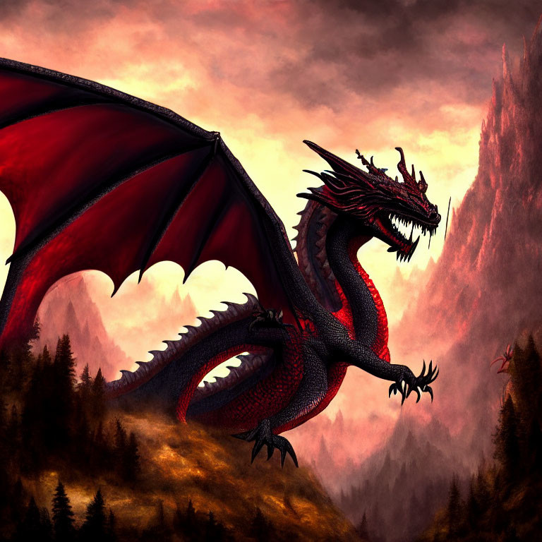 Red Dragon Perched on Rocky Terrain with Unfurled Wings