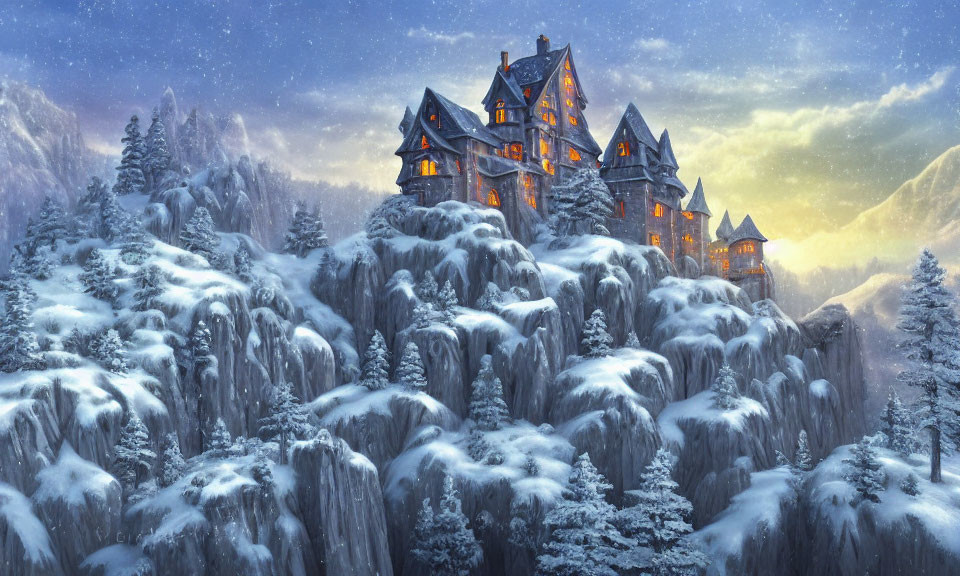 Majestic illuminated castle on snowy cliffs in twilight winter scene