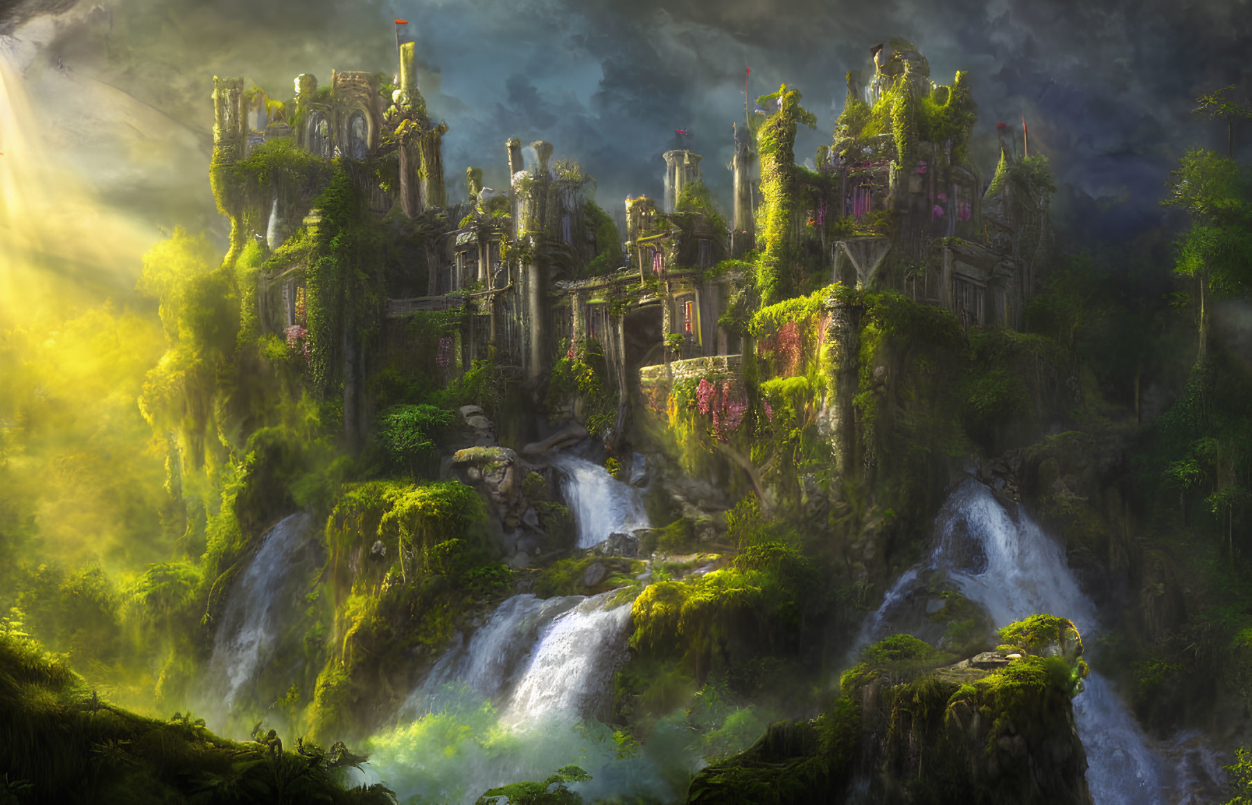 Ancient overgrown ruin with waterfalls and lush vegetation in sunlight beam.