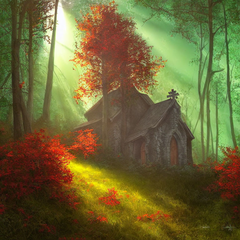 Stone chapel in mystical forest with sunlight and red foliage.