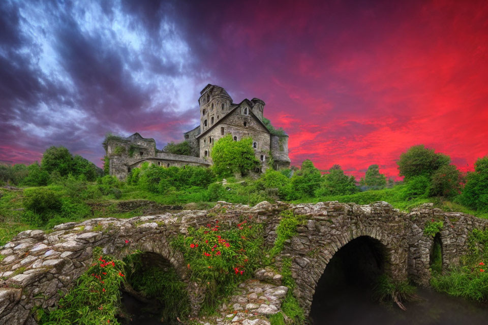 Stone castle in lush greenery with dramatic sky and ancient stone bridge