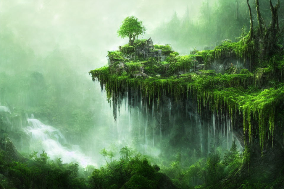 Mystical cliffside with lush greenery and waterfalls near ancient village