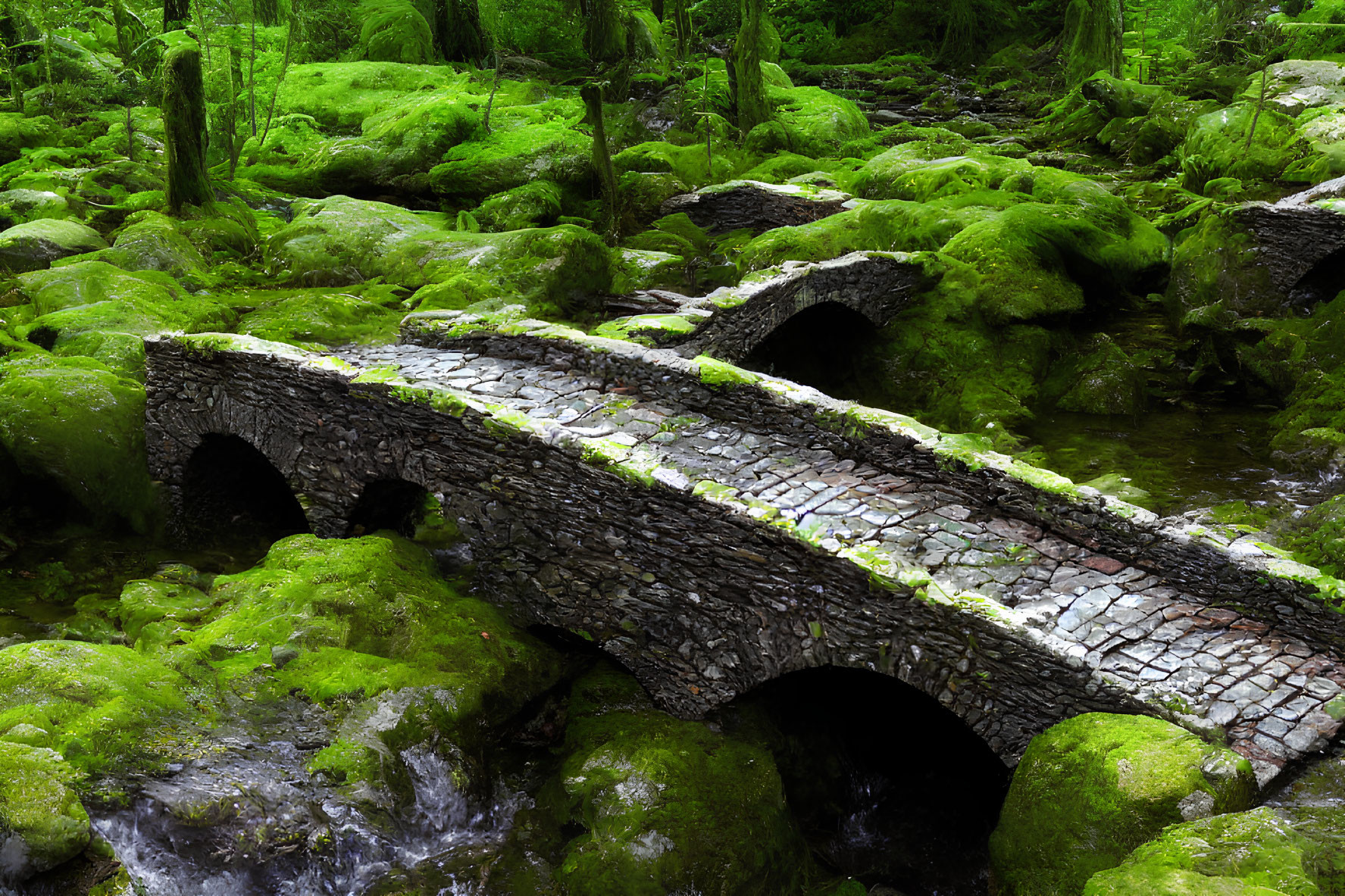 Moss-covered stone bridge over small stream in lush forest