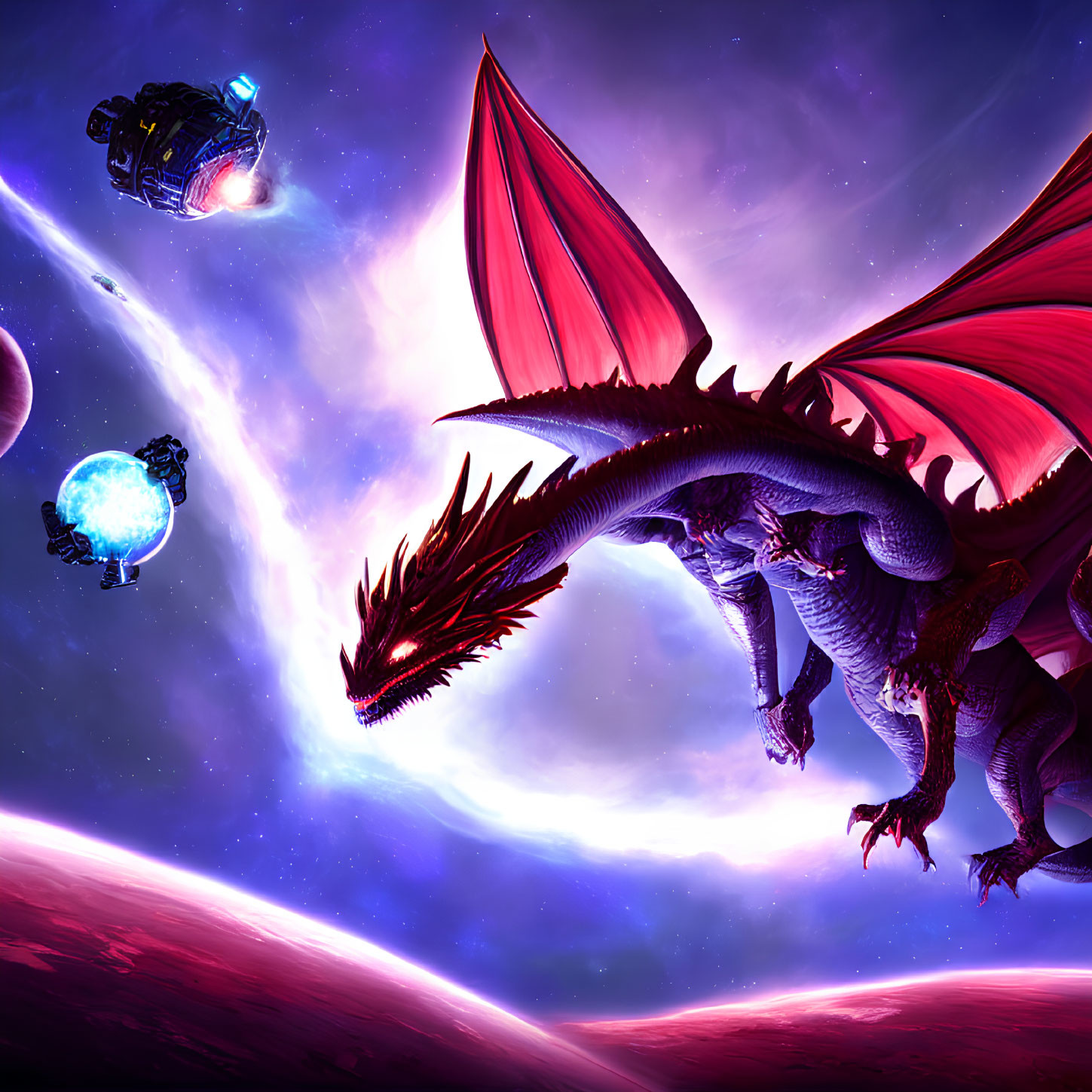 Red dragon in cosmic setting with planets and spaceship under purple sky