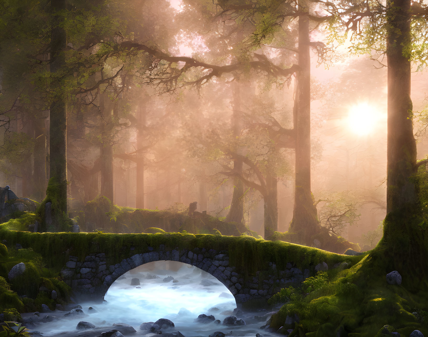 Tranquil forest scene with mist, stone bridge, stream, and lush greenery