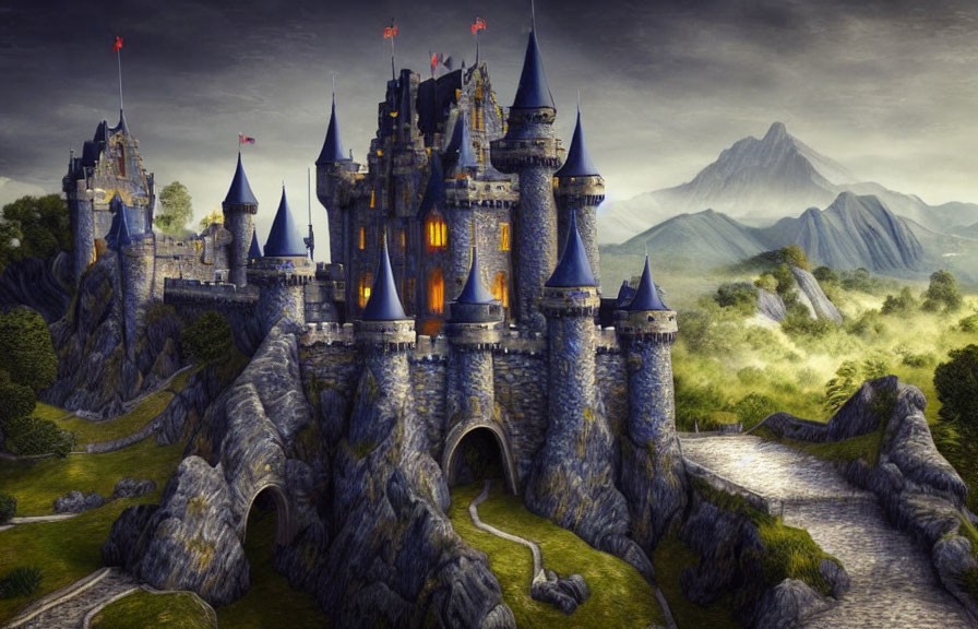 Majestic fantasy castle on rocky hill with towers and flags in misty mountain landscape