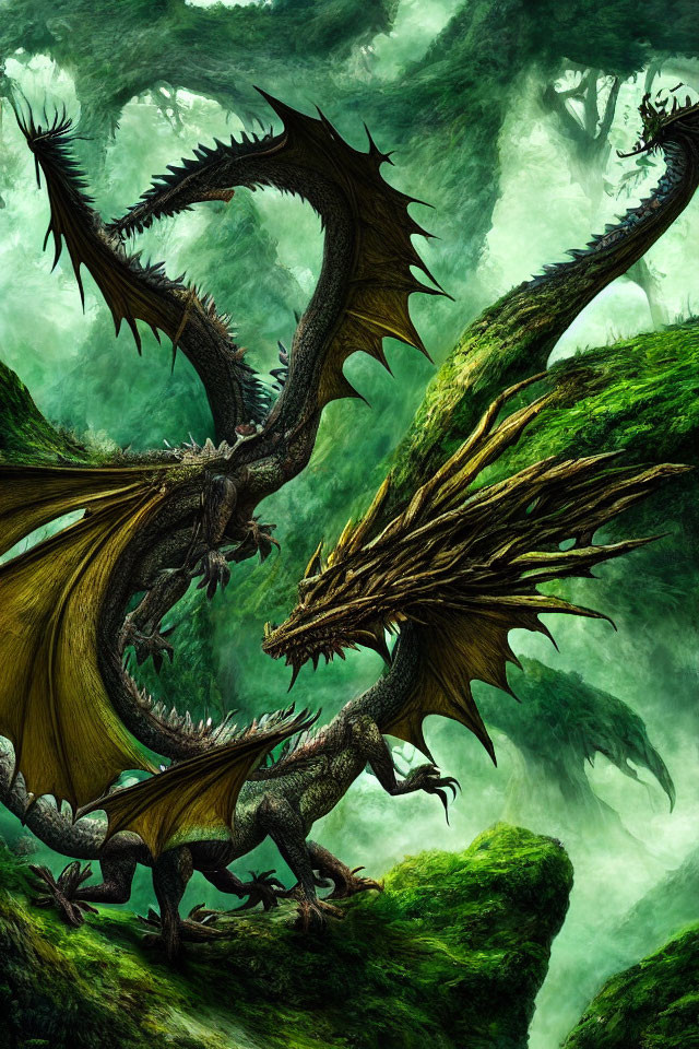 Majestic dragon with expansive wings in misty green forest