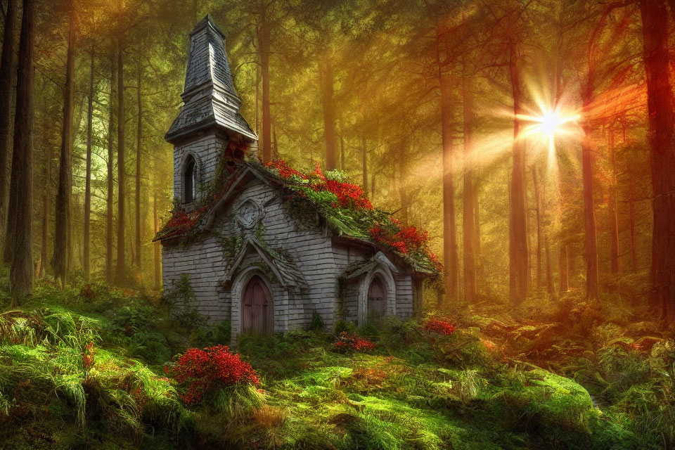 Misty forest chapel with vines, sunlight, red flowers