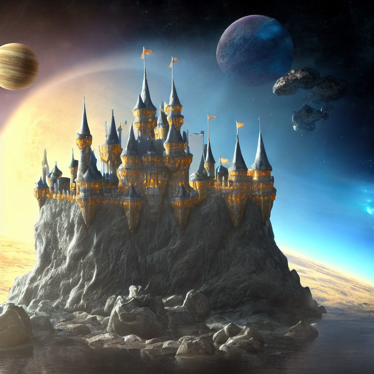 Fantastical castle with multiple spires on rocky outcrop in space setting