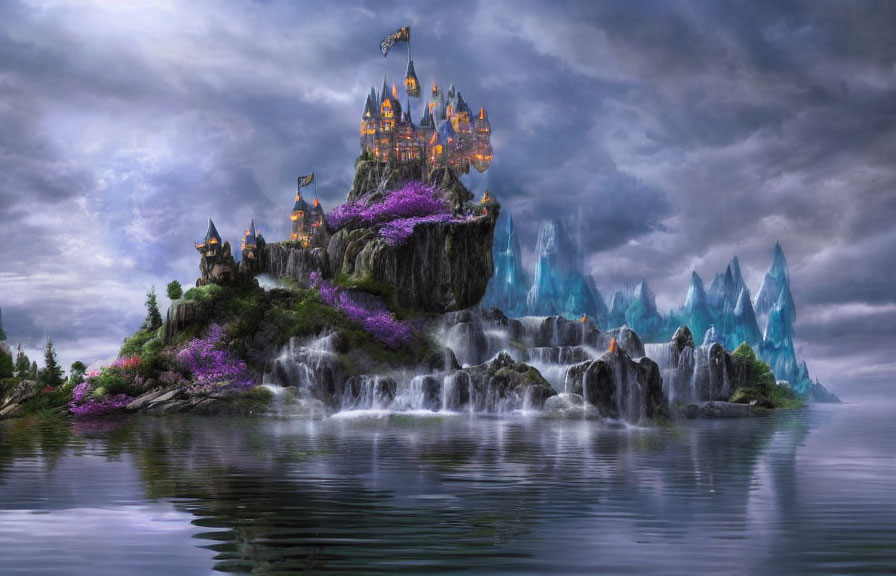 Mystical castle on rocky island with waterfalls and crystal formations