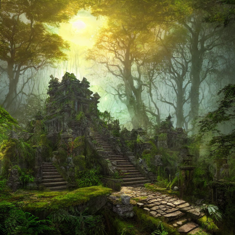 Misty forest canopy sunlight on ancient overgrown temple